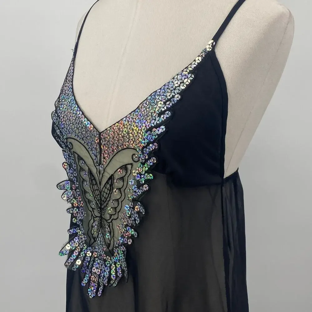 Vintage Y2k Iridescent Sequin Butterfly Nightgown Sheer Maxi Black Womens 2/4 - Picture 7 of 12